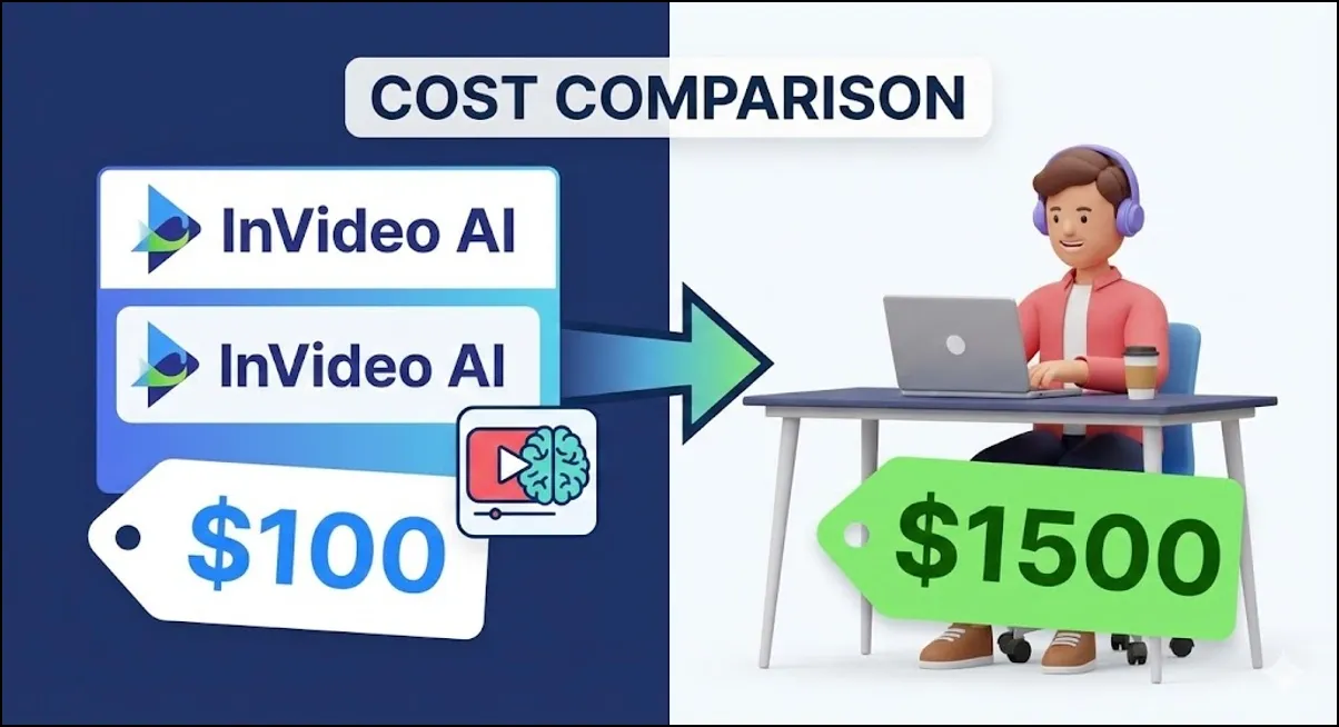 Cost comparison graphic showing InVideo AI priced at $100 versus freelancer at $1500.