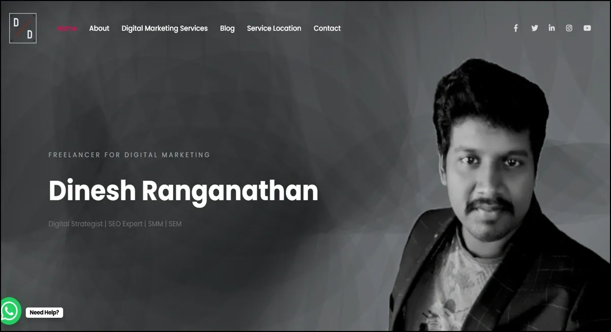 Homepage banner of digital marketer Dinesh Ranganathan with monochrome background.