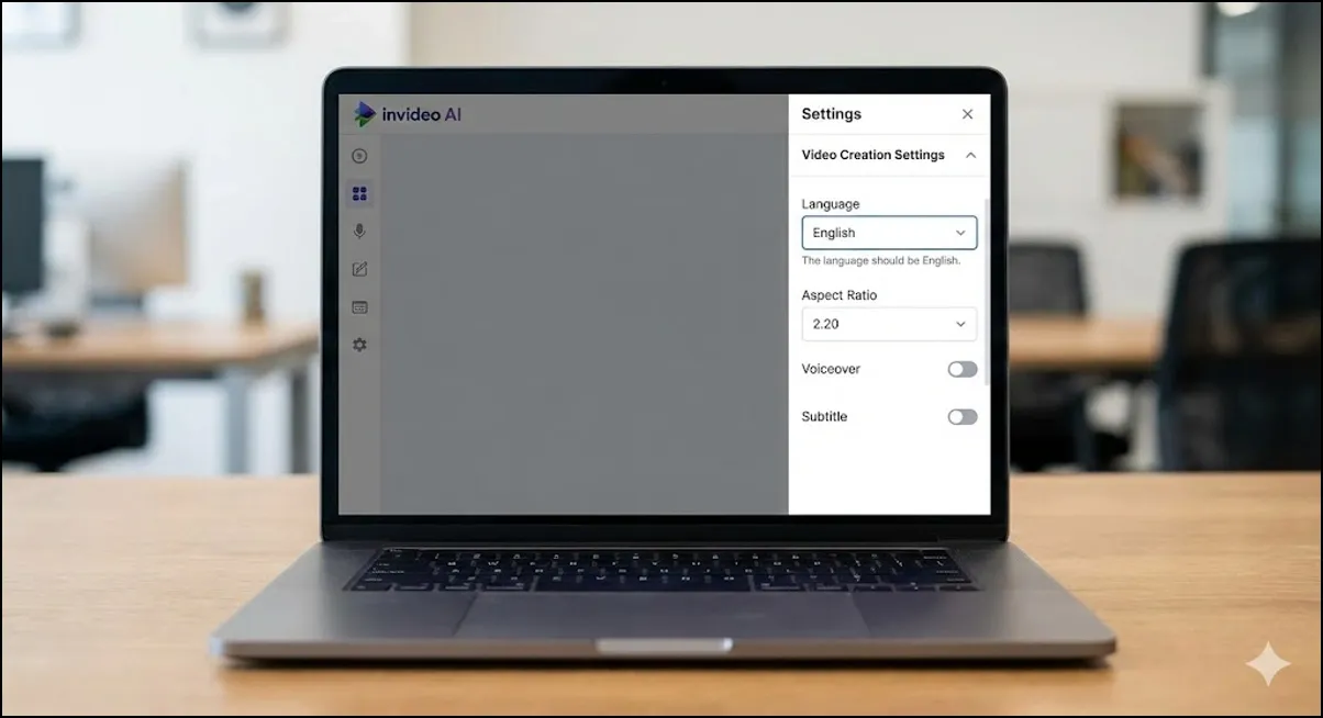 Settings panel open on video creation software with language and aspect ratio options.