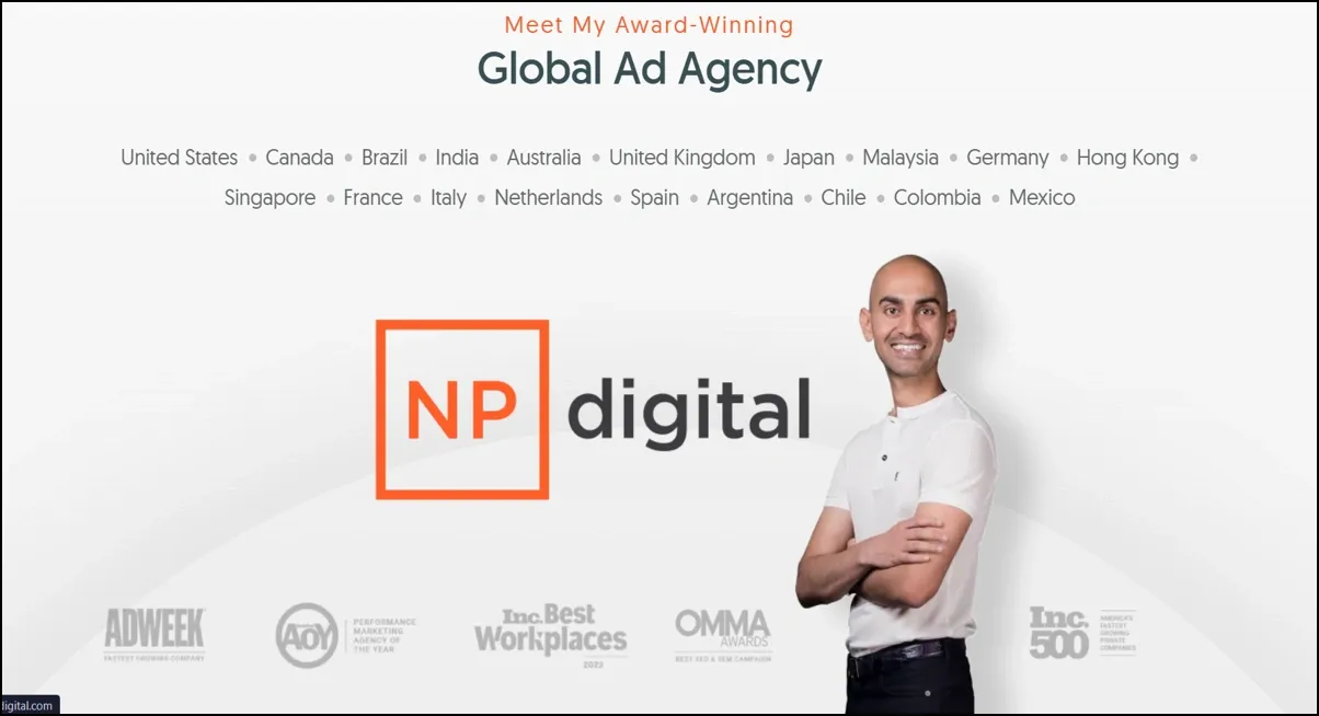 Global ad agency banner featuring NP Digital logo and a man standing beside it.