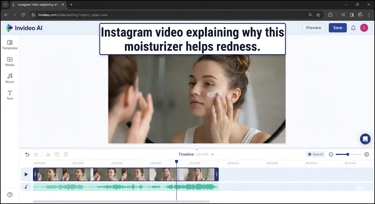 Instagram-style video editor showing a woman applying moisturizer with caption.
