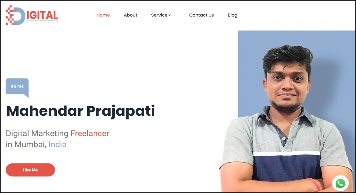 Homepage banner for Mahendar Prajapati, a digital marketing freelancer in Mumbai, with portrait image.