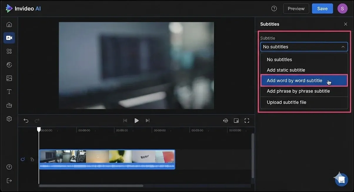 Video editor displaying subtitle options including word-by-word subtitles.