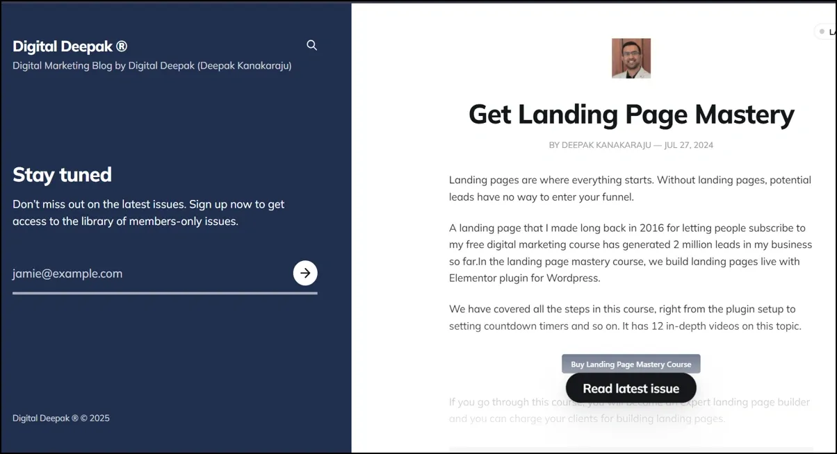 Digital marketing blog page titled �Get Landing Page Mastery� with author details and subscription form.