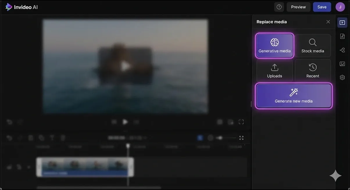 Replace media panel offering generative media and stock media options.