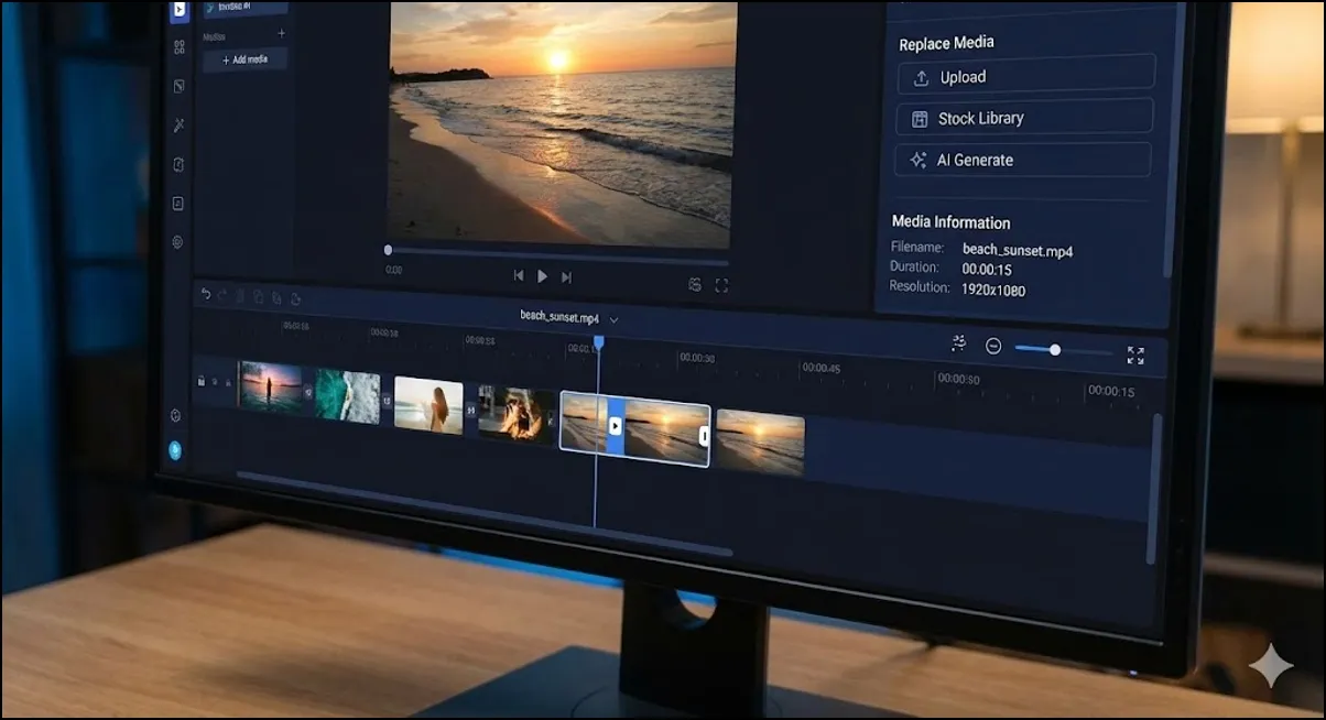 Video editor interface showing timeline clips of a beach sunset.