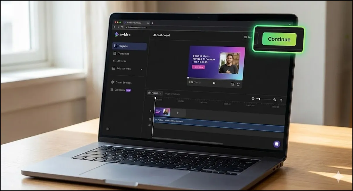 AI dashboard on a laptop showing a video project with a highlighted Continue button.