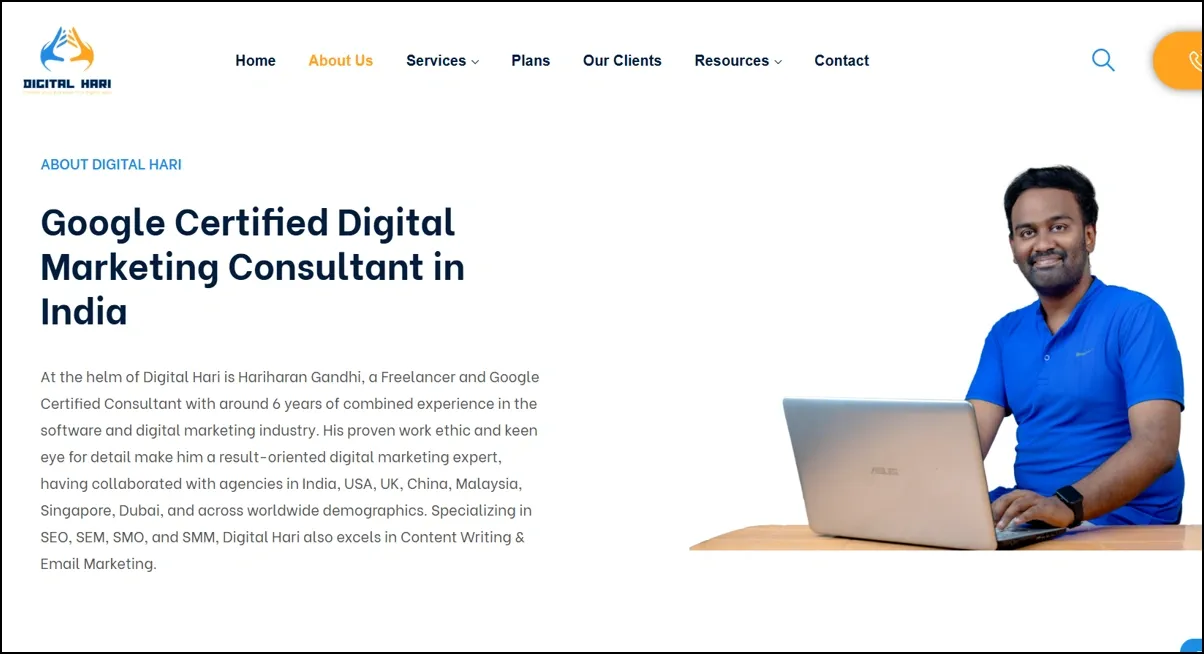 About page featuring Google-certified digital marketing consultant Hariharan Gandhi with laptop.