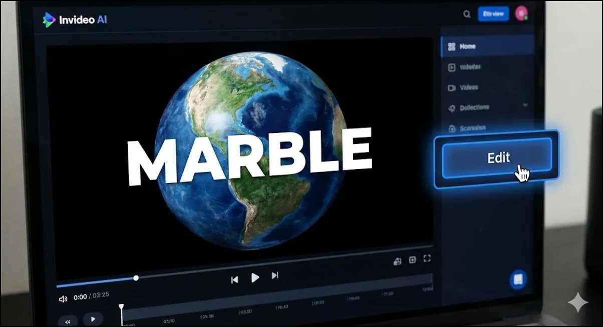 Laptop displaying Earth video with large text �MARBLE� and an Edit button.