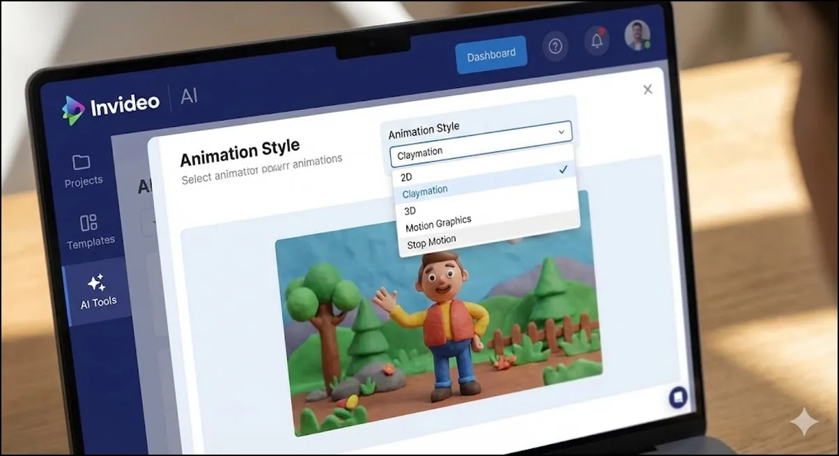 AI tool interface showing animation style selection on a laptop screen.