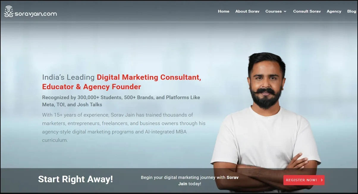 Website header showcasing India�s leading digital marketing consultant Sorav Jain with descriptive text.