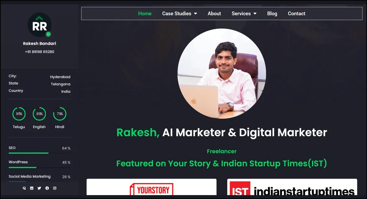 Digital marketer Rakesh Bandari�s portfolio header with profile photo and skill stats.