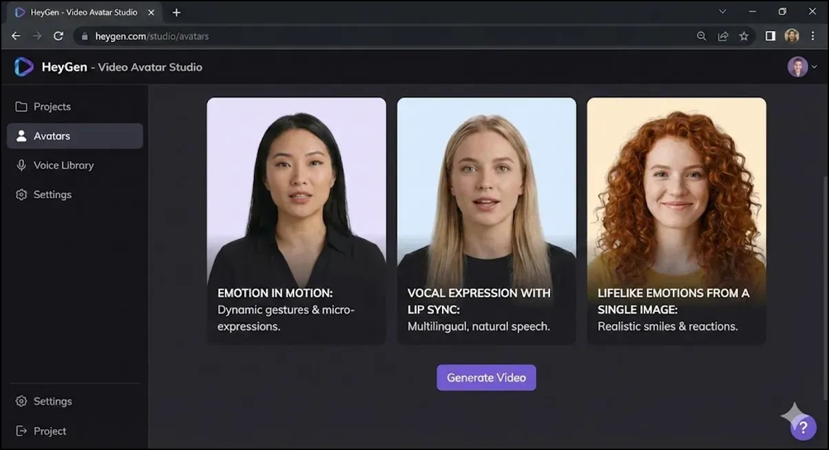 Screenshot of HeyGen�s video avatar studio showing three avatars with descriptions of emotion in motion, lip-sync vocal expression, and lifelike emotions from a single image.