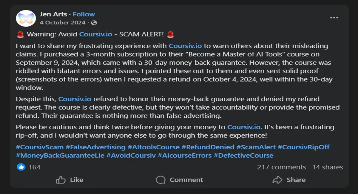A Facebook post from "Jen Arts" warning about Coursiv.io as a scam, detailing a denied refund for a defective course.