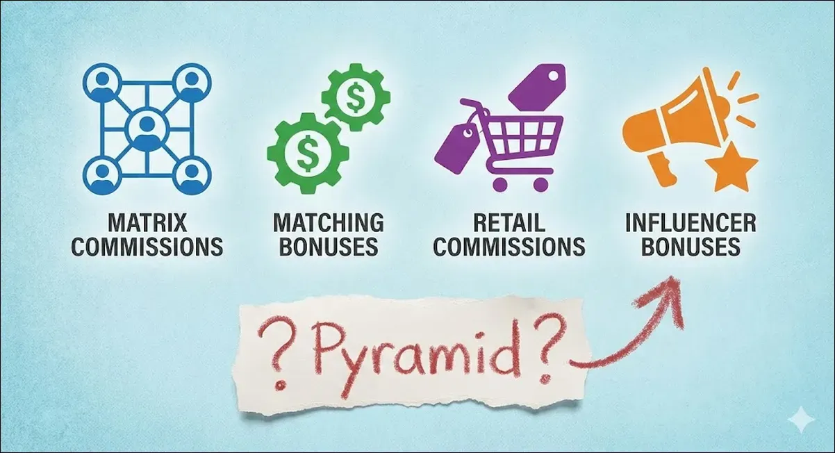 Icons displaying matrix commissions, matching bonuses, retail commissions, and influencer bonuses with a �Pyramid?� question.