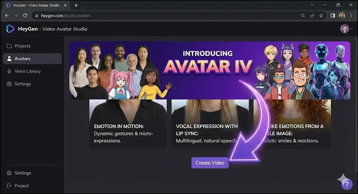 Screenshot of HeyGen interface with a promotional banner introducing Avatar IV featuring diverse realistic and cartoon avatars and a button labeled �Create Video.