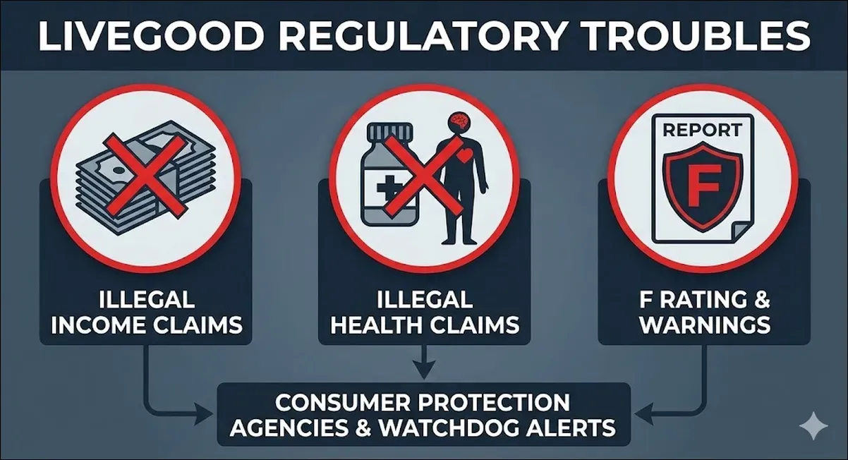 Three symbols illustrating LiveGood�s alleged income claims, health claims, and warnings from watchdog groups.