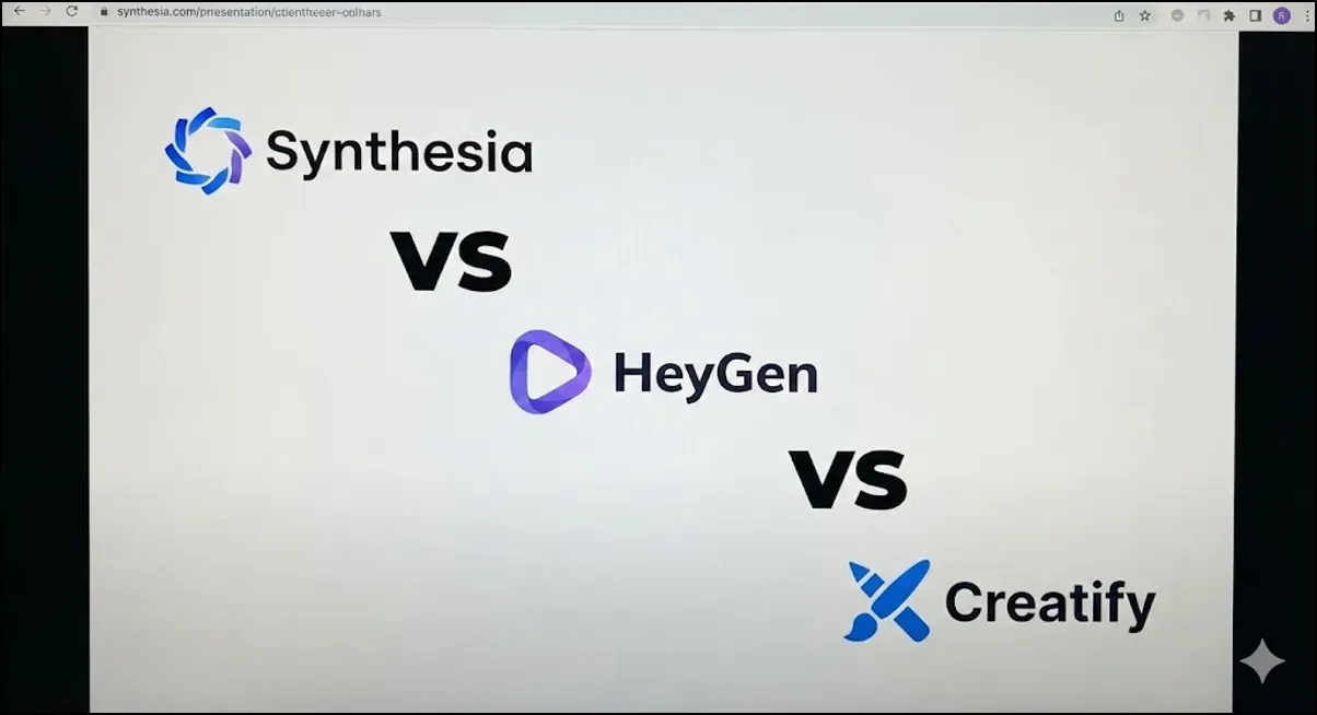 Minimalist comparison slide with the logos of Synthesia, HeyGen, and Creatify arranged around the word �VS.