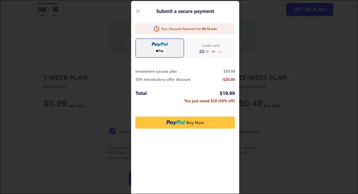 Pop-up payment window showing PayPal checkout for Finelo subscription.