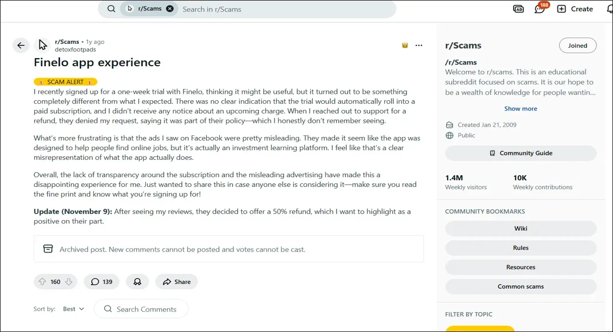 Reddit r/Scams post describing a user�s negative Finelo app experience.