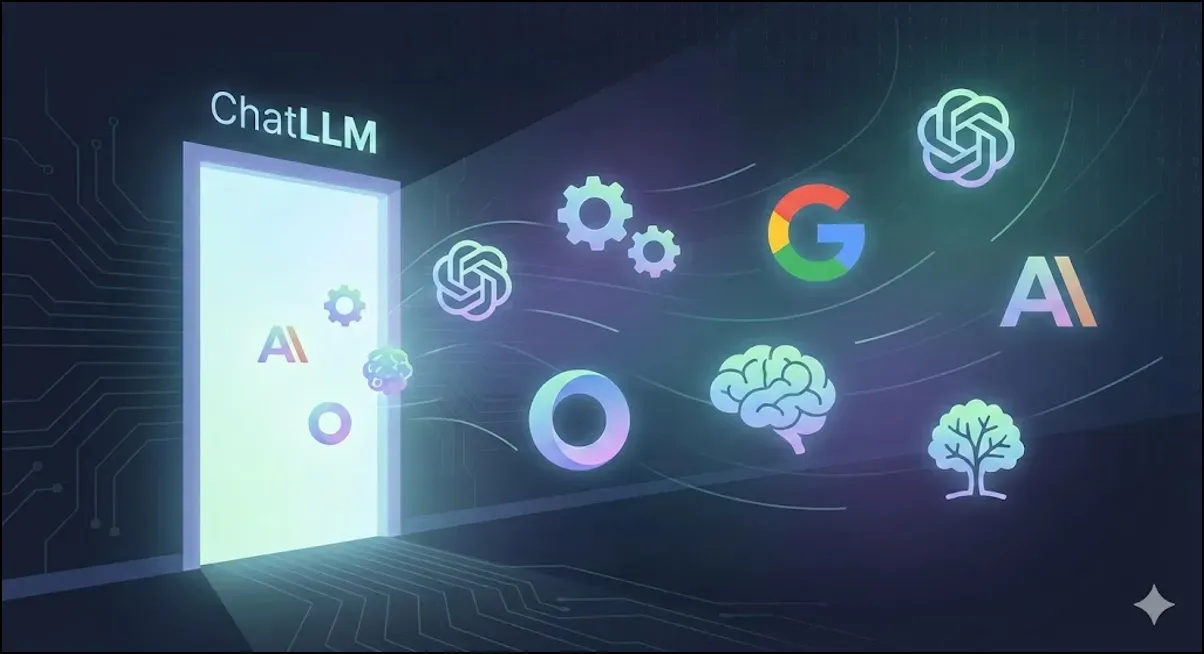 Abstract illustration of a glowing doorway labeled �ChatLLM� with AI logos, gears, and brain icons swirling outward in a digital environment.