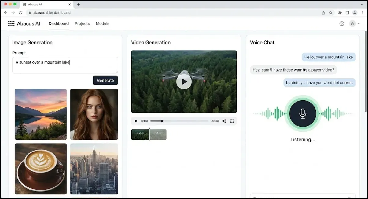 Interface for generating AI images, videos of a drone, and a voice chat panel that shows live transcription while listening.
