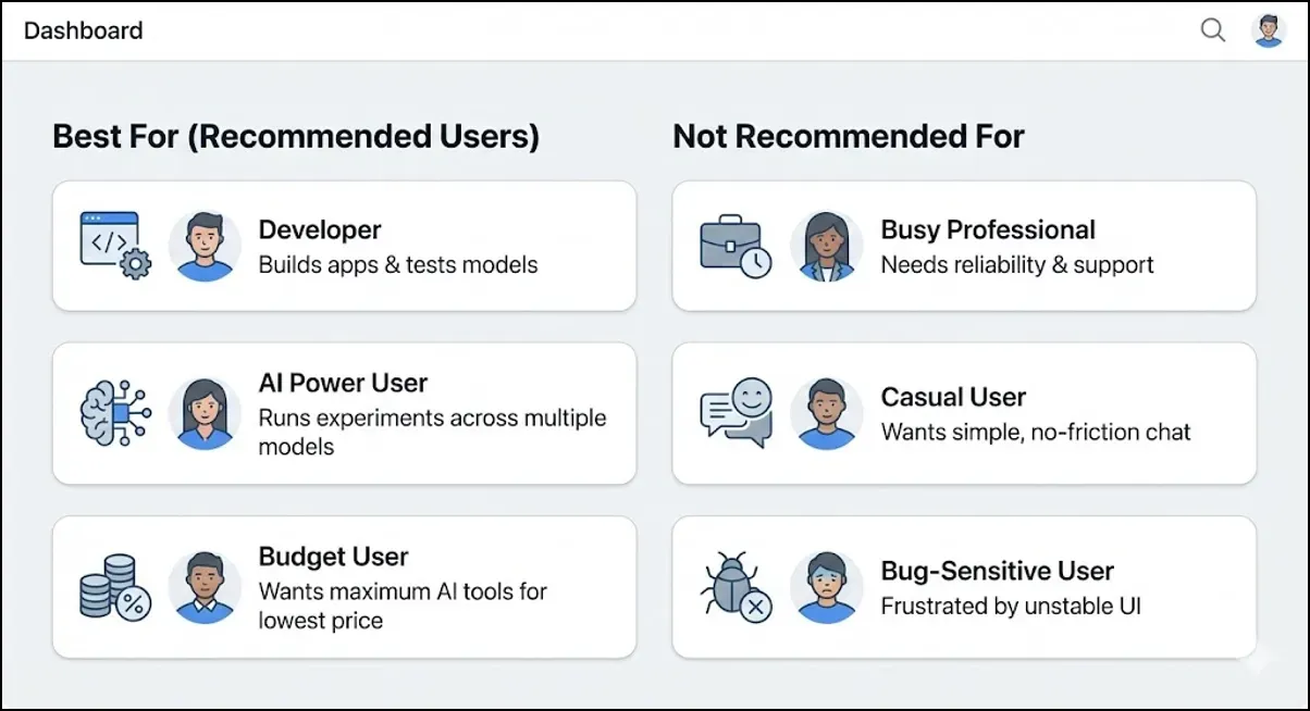 Dashboard comparison showing recommended users such as developers and AI power users, and not-recommended users like busy professionals and bug-sensitive users.