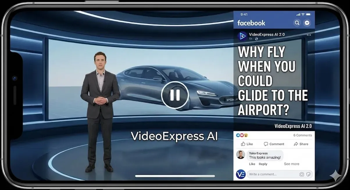 Mockup of a smartphone displaying a man in a virtual studio presenting an AI video with text that reads �Why fly when you could glide to the airport?