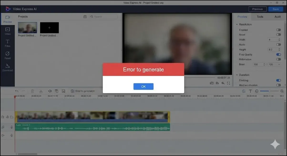 Video editing interface showing a red error popup labeled �Error to generate� over a blurred preview.