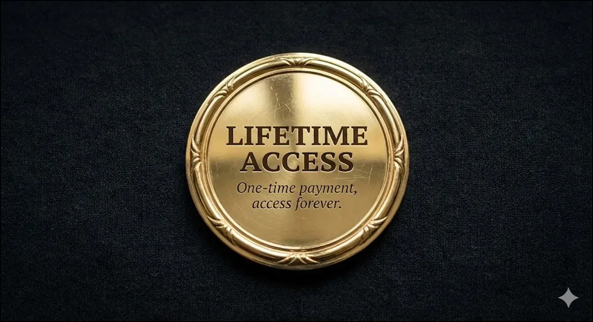 A gold medallion embossed with the words �Lifetime Access � One-time payment, access forever.