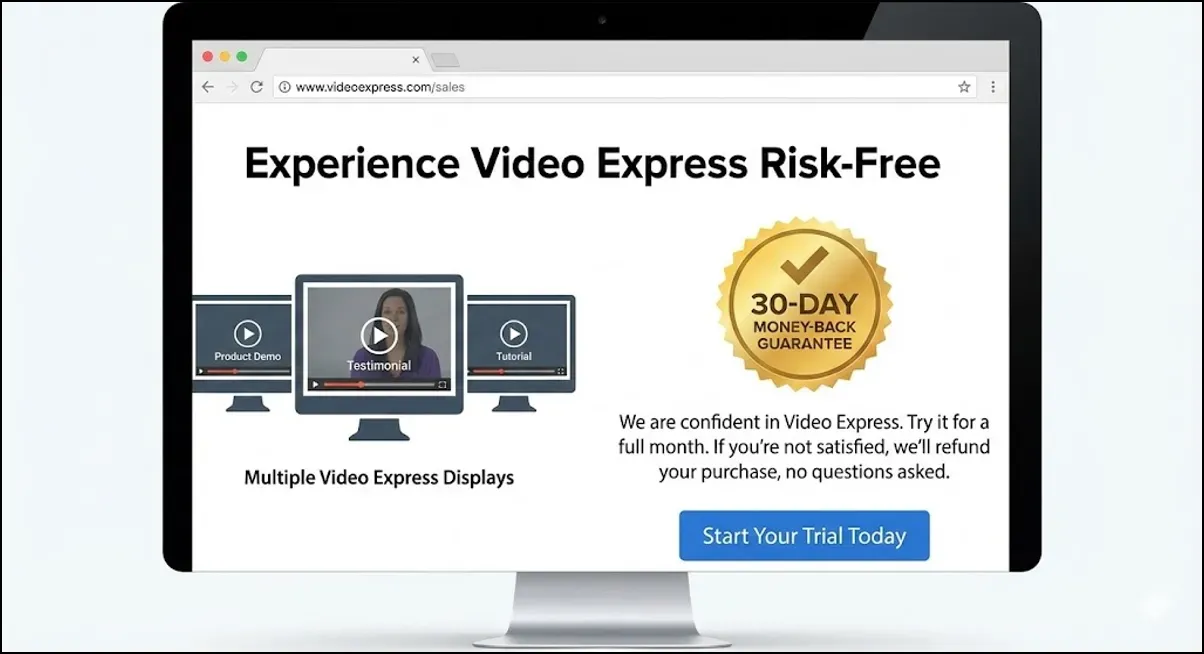 Webpage offering a 30-day money-back guarantee with sample video thumbnails and a button labeled �Start Your Trial Today.