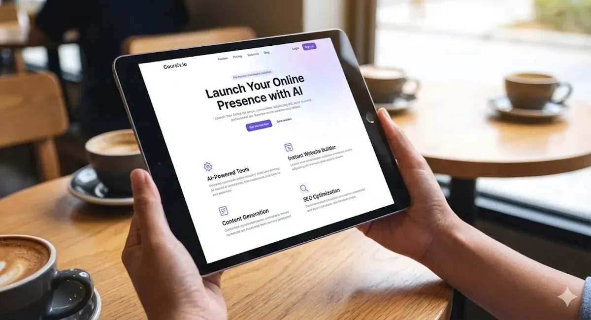 A person holds a tablet displaying the "Coursiv.io" website with text about AI-powered tools and launching an online presence.