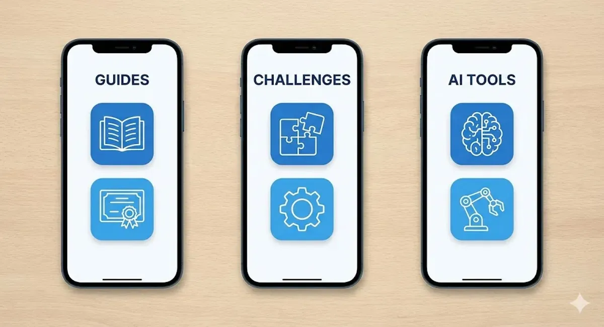 Three mobile UI screens with icons and text: "GUIDES" with book and certificate icons, "CHALLENGES" with puzzle and gear icons, and "AI TOOLS" with a brain and robotic arm.