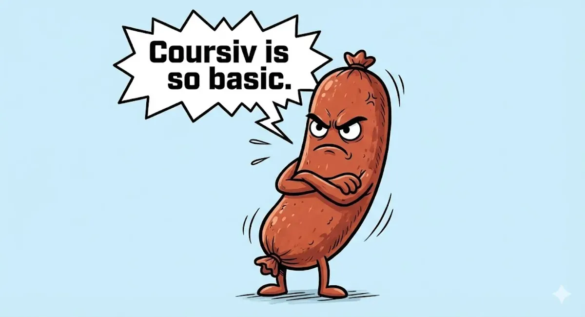 An angry, sausage-like cartoon character with crossed arms and a speech bubble saying "Coursiv is is so basic."