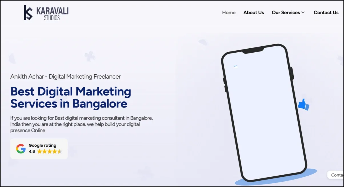 Landing page of Karavali Studios promoting best digital marketing services in Bangalore with mobile graphic.