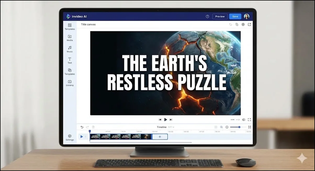Desktop monitor showing video editor with title text �The Earth�s Restless Puzzle.�