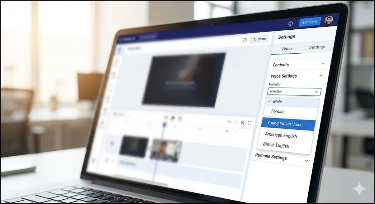 Video editor with voice settings showing multiple narrator voice choices.
