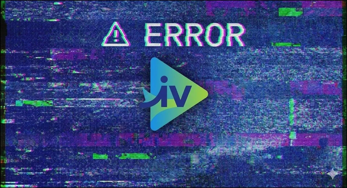 Glitchy error screen with warning symbol and InVideo logo over static distortion.