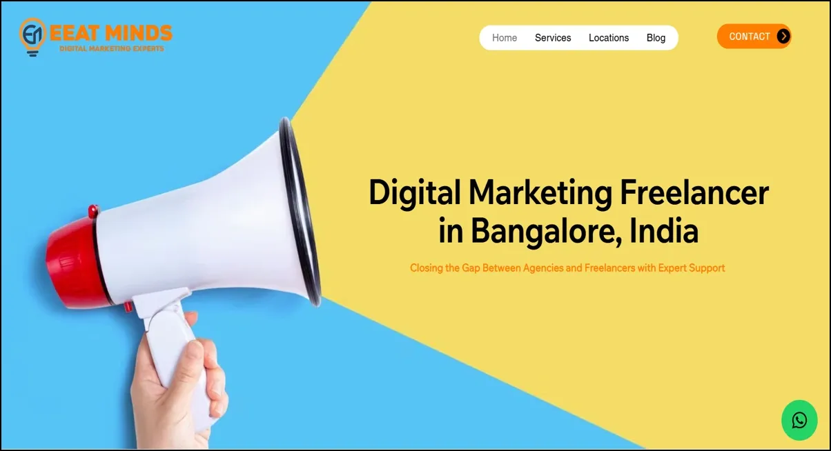 Homepage banner showing a megaphone and text promoting a digital marketing freelancer in Bangalore.