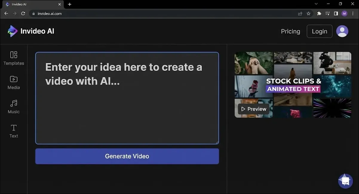 Invideo AI dashboard with a text box inviting the user to enter an idea to create a video.