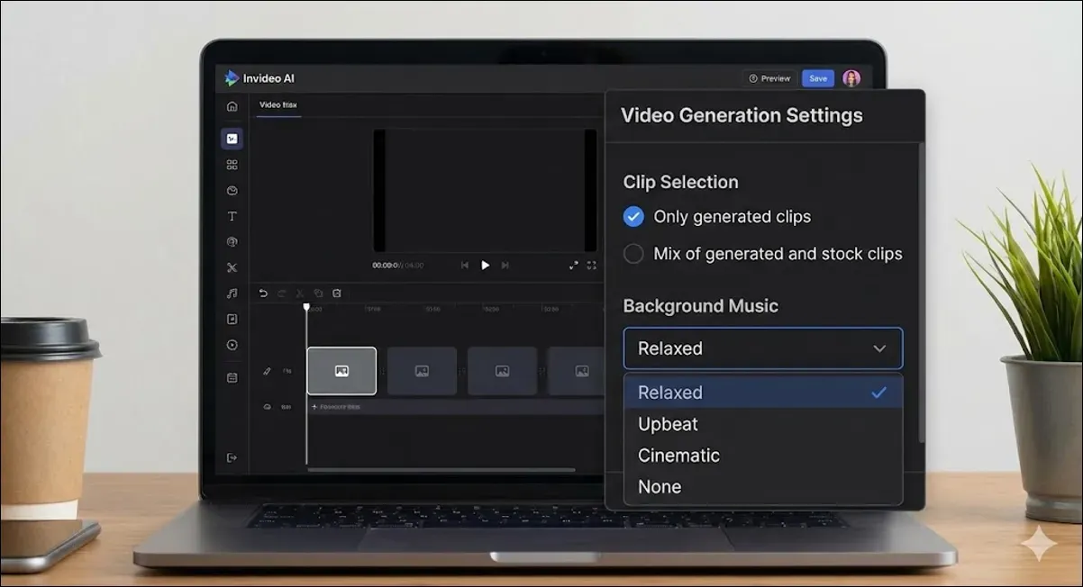 Invideo AI editor showing video generation settings including background music and clip selection.