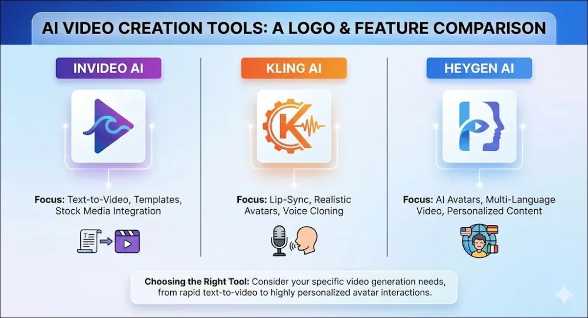 Comparison chart showing Invideo AI, Kling AI, and Heygen AI video creation features.
