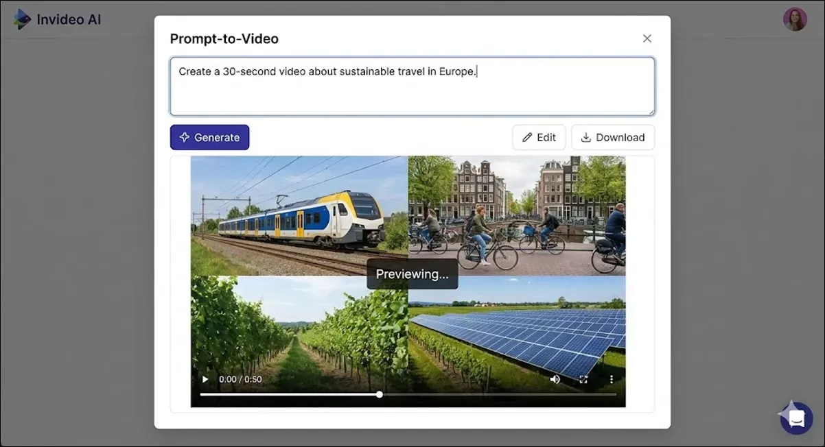 Prompt-to-video screen where a sustainable travel video is being previewed.