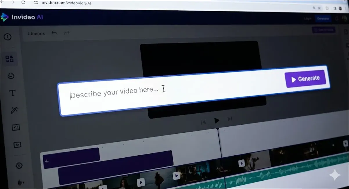 Invideo AI editor with a large prompt box saying 'Describe your video here.'