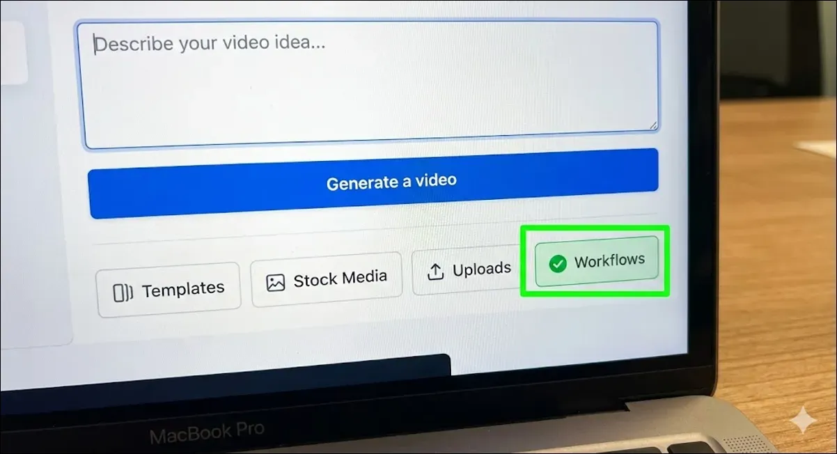 Laptop screen showing a 'Generate a video' interface with a Workflows button highlighted.