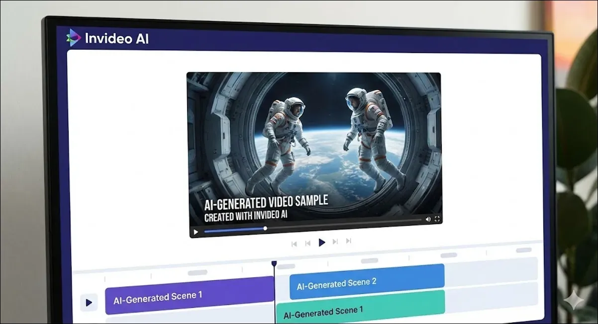 Computer monitor displaying an AI-generated video sample of astronauts using Invideo AI.