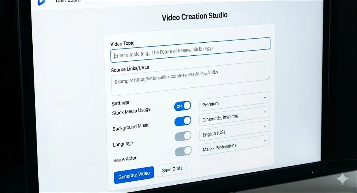Video creation interface with topic, links, and settings options for generating a video.
