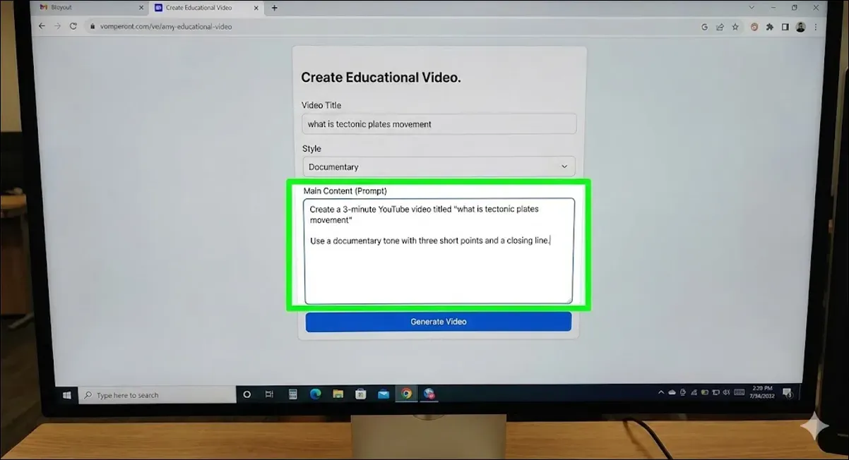 Educational video creator form with prompt box highlighted in green.