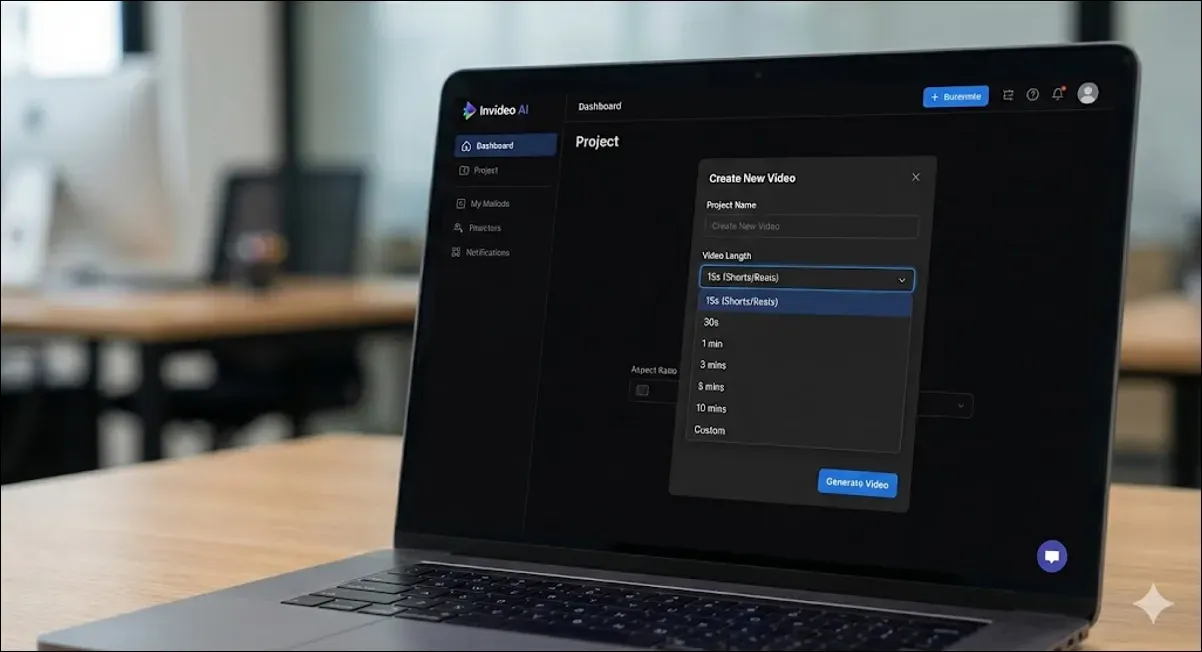 Laptop showing project creation screen with dropdown for selecting video length.