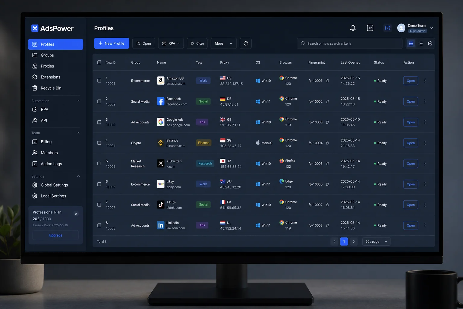 AdsPower dashboard showing multiple browser profiles with different fingerprints and proxy configurations